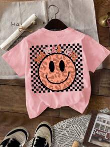 SHEIN Leap Crew Áo thun cổ tròn tay ngắn họa tiết hoạt hình dễ thương đơn giản cho bé gái, hoa, đen trắng, họa tiết kẻ caro trắng, đen, hồng nhiều mảnh phù hợp cho mùa hè - Nhiều màu - Xem 4