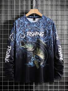 Manfinity Homme Men's Long Sleeve Casual Fishing T-Shirt - 3D Fish Print, Round Neck, Polyester, Black & Blue Gradient Tee, Ideal For Outdoor Activities