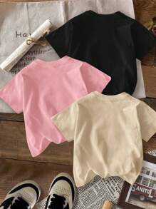 SHEIN Tween Girls Casual Minimalist Tees, Heart, Leopard Print Love, Plaid Heart, Colorful Heart Graphic Designs, Black, Pink, Khaki, Suitable For Summer