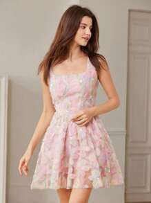 BELROSIE Fashionable Colorful 3D Floral Waist Cinching Short Summer Dress Boho Vacation Fashionable Style For Spring Fall - Multicolor - View 7