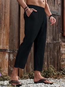 Genlund Men's Solid Color Casual Elastic Waist Pants With Pockets, Fall - Black - View 3