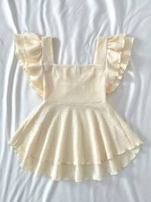 SHEIN Áo thun dệt kim jacquard tay bèo nhún thoải mái, dễ thương, mùa hè cho bé gái, mặc ở nhà, dễ thương, cho bé gái, thích hợp cho các bữa tiệc, ngày lễ tình nhân - Màu be - Xem 2