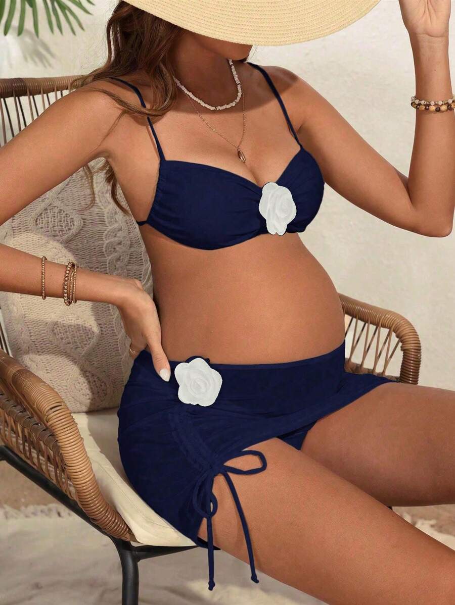 SHEIN Women's Solid Color Floral 3D Decorated Sexy Bikini Swimsuit Set For Summer Beach Vacation - Navy Blue - View 1