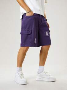 Manfinity Hypemode 男士休闲破洞翻盖口袋牛仔工装短裤，夏季 - 紫色 - 查看 5