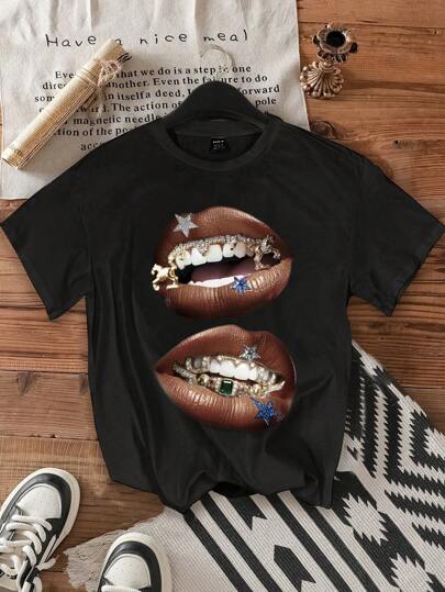Attitoon Áo thun tay ngắn cổ tròn in hình đôi môi phong cách đường phố Châu Âu và Mỹ cỡ lớn, áo thun cotton rộng rãi mùa hè cho nữ, dành cho cả nam và nữ