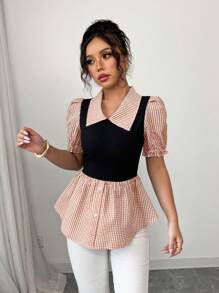 Elenzga Women's Plaid & Solid Color Contrast Print Elegant Short Sleeve Blouse - Multicolor - View 1