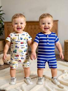 2 Stücke Baby Jungen Sommer Set, Romper mit Kurzarm und Shorts, Auto Aufdruck & blau-weiß gestreift Kombination, lebhafte Optik, geeignet für Outdoor, Komfort zuhause, fröhliche aktive Zeit - Verschiedenfarbig - Übersicht 1