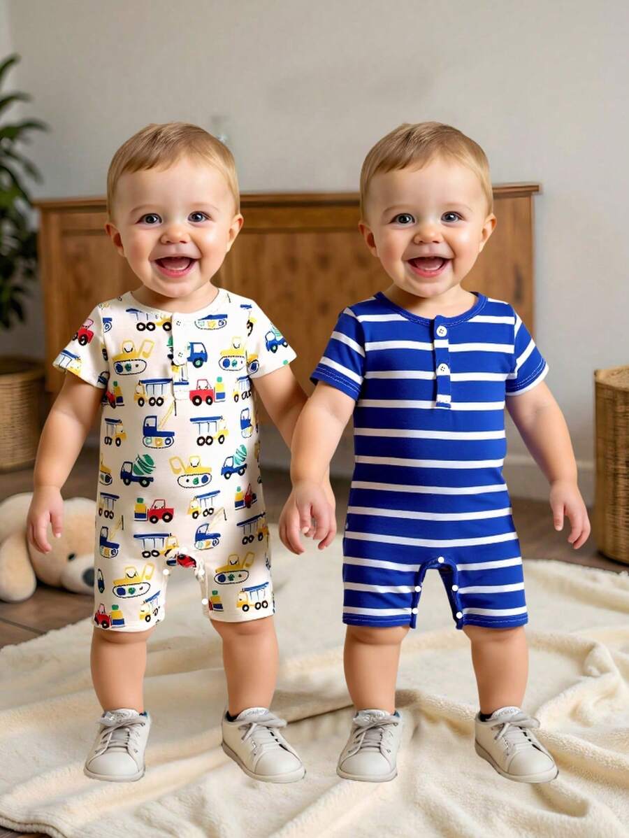 2 Stücke Baby Jungen Sommer Set, Romper mit Kurzarm und Shorts, Auto Aufdruck & blau-weiß gestreift Kombination, lebhafte Optik, geeignet für Outdoor, Komfort zuhause, fröhliche aktive Zeit - Verschiedenfarbig - Übersicht 1