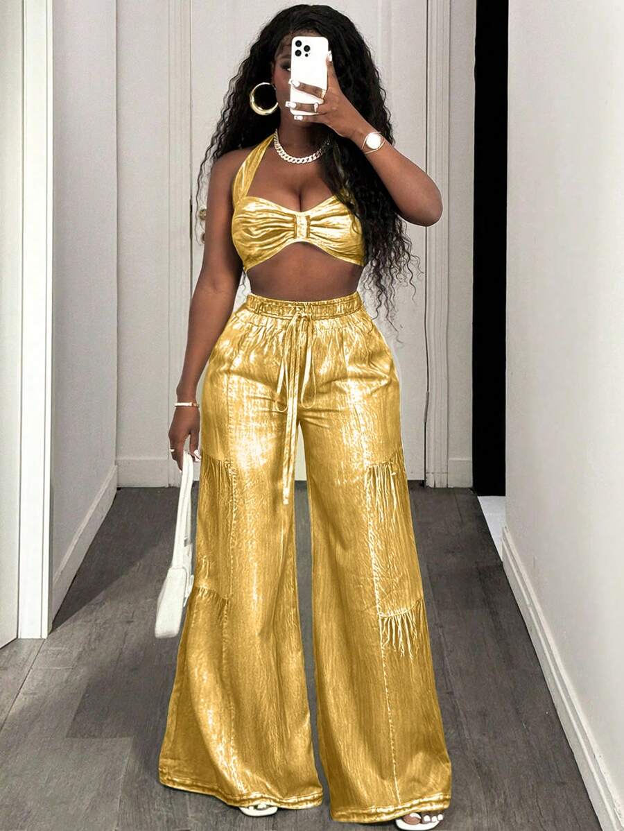 BamGleam Blue Denim Effect Casual Suit - Yellow - View 1