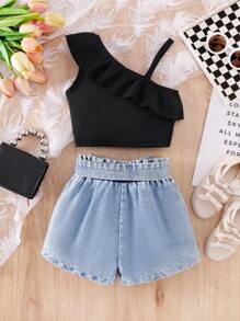 SHEIN Set de 2 piezas Conjunto informal de niña joven con Top asimétrica + shorts vaqueros