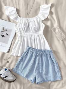 SHEIN Teen Girls All-Match Casual Versatile Solid Jacquard Loose Fit Cap Sleeve Blouse & Striped A-Line Mini Skirt, Spring & Summer