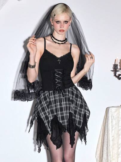 Fairycore Vestido de mujer con estampado a cuadros asimétrico, lazo y parches, estilo Y2K deconstructed hada/grunge para Halloween