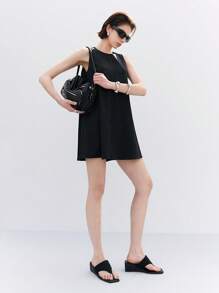 LYSMO Váy ngắn vải jacquard họa tiết cổ tròn không tay dáng chữ A mới 2025 dành cho nữ, giản dị và đơn giản - màu đen - Xem 7