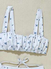 Swim Mod 3pcs Ditsy Floral Ruched Bust, Tie Back Skirt Bikini Swimsuit Set, Girls Holiday Style For Summer Beach Vacation - Multicolor - View 6