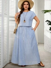 SHEIN LUNE 2pcs Plus Size Women Striped Short Sleeve Round Neck Top And Skirt Set