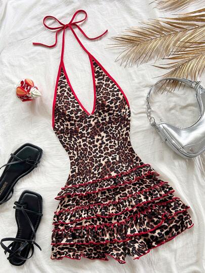 Soleia Women's Vintage Leopard Print V-Neck Halter With Tie-Up Waist, Ruffled Hem Romper In Multi-Color For Summer Vacation, Music Festival, Bohemian Style Cheetah Print
