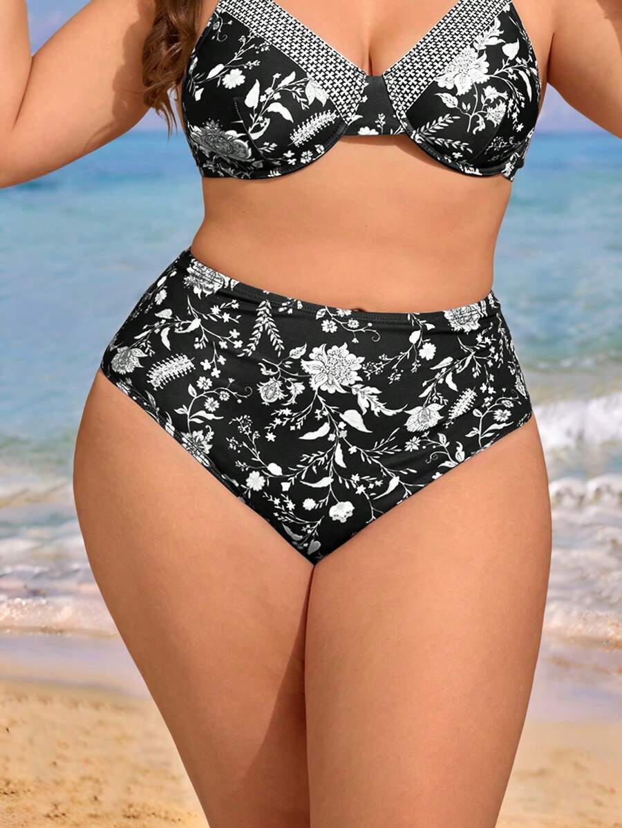 Swim Lushoire Plus Size Women Floral Print High-Waist Simple Fashion Bikini Bottoms For Summer Beach Vacation - Black and White - View 1