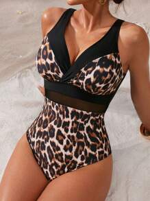 Swim Lushoire 女士连体豹纹撞色网眼泳衣，度假风格 - 彩色 - 查看 1