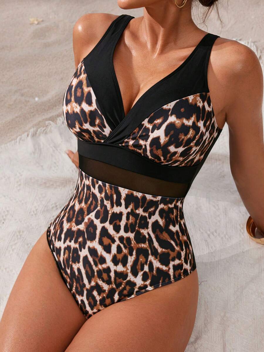 Swim Lushoire 女士连体豹纹撞色网眼泳衣，度假风格 - 彩色 - 查看 1