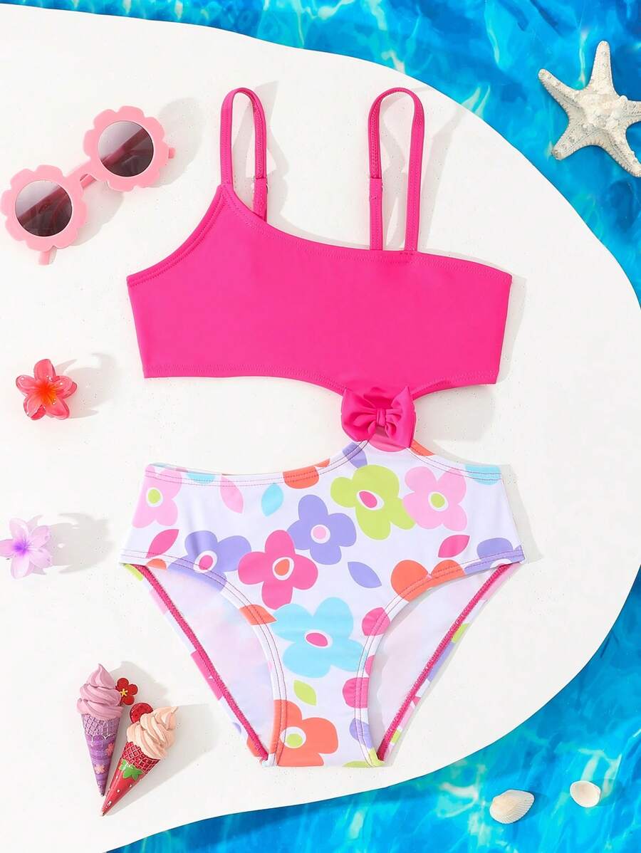 Young Girl Cute Floral Print One-Piece Swimsuit, Bowknot Design, Waist Cutout, Spaghetti Strap - Multicolor - View 1