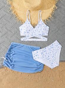 SHEIN Conjunto de 3 piezas para adolescentes que incluye bikini con tirantes finos y estampado completo, talla grande minifalda de unicolor. Estilo de estampado aleatorio - Azul - Ver 5
