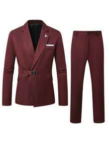 Manfinity Bizformal Men's Premium Slim-Fit Formal 2 Pieces Suit Set Men Fashion Suits Wedding Suit For Men Prom Suit Male Wedding Suits For Men - Burgundy - View 2