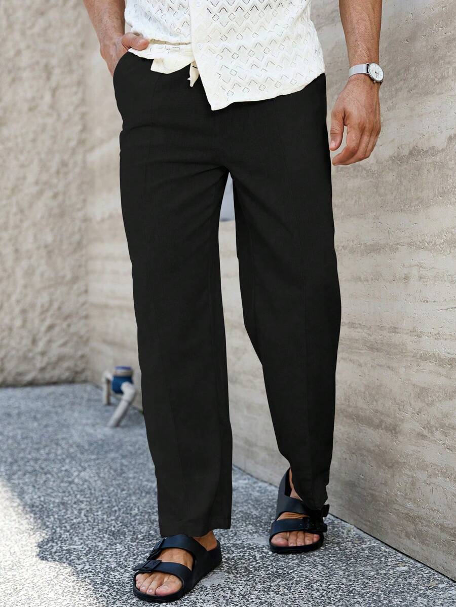 Manfinity Homme Quần vải lanh trơn màu có túi vá đa năng cho nam, quần đen thường ngày, mùa thu - màu đen - Xem 1