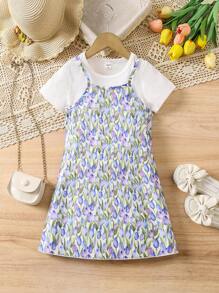 SHEIN 2pcs/Set Young Girls' Solid Color Short Sleeve T-Shirt & Floral Print Cami Dress