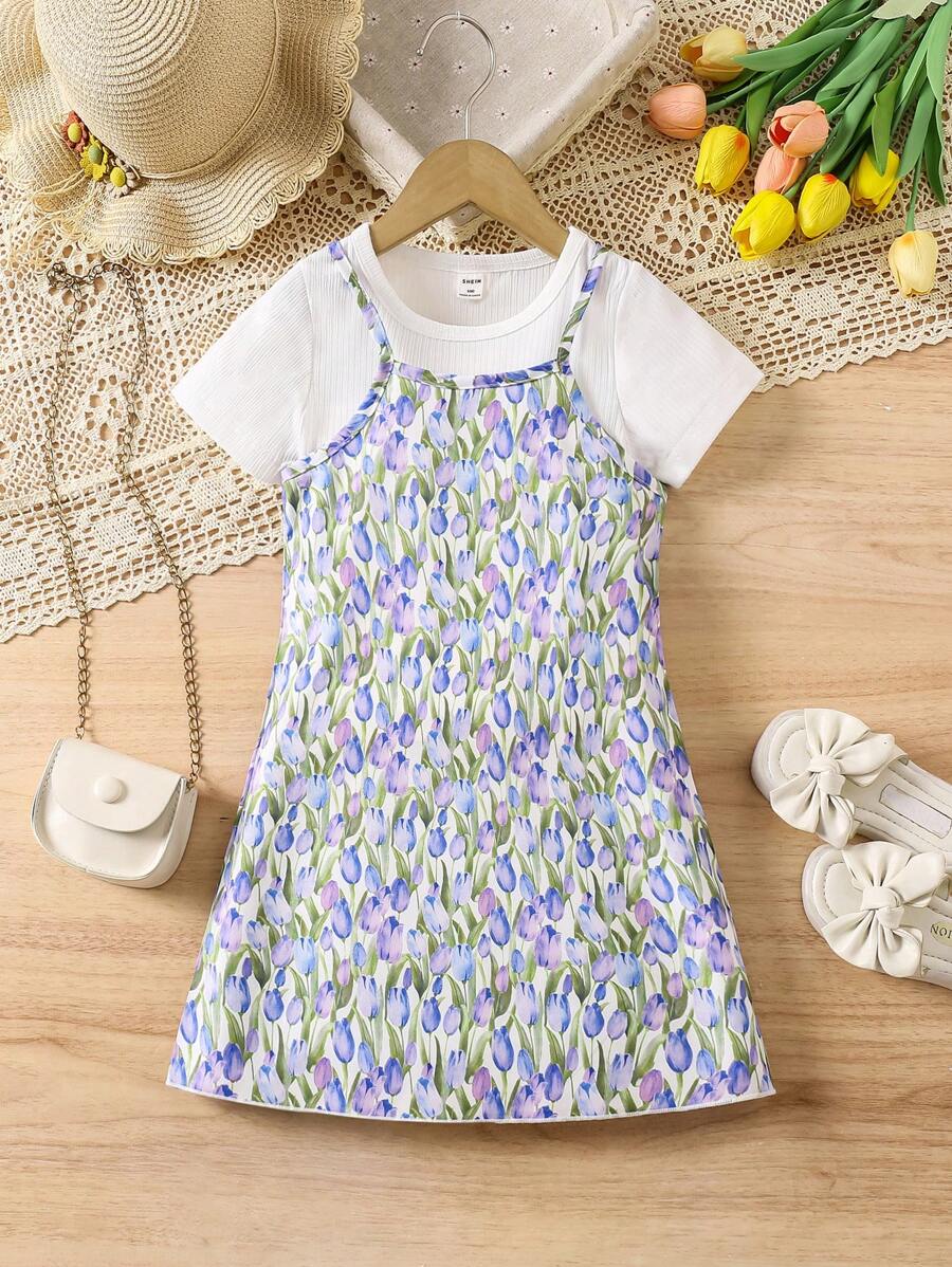 SHEIN 2pcs/Set Young Girls' Solid Color Short Sleeve T-Shirt & Floral Print Cami Dress