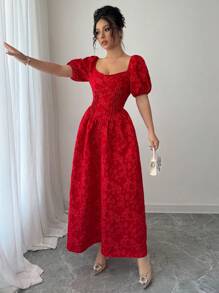 Modelyn 女士编织提花拼色弹性褶饰肩袖腰部 A 字形连衣裙，优雅 - 紅色 - 查看 6