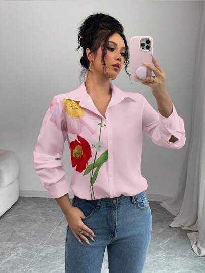 Chiquease 白色优雅休闲日常编织无弹力长袖纽扣印花女式衬衫，春夏百搭百搭