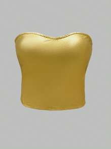 INAWLY Top strapless amarillo de unicolor y elegante para tallas grandes - Dorado - Ver 3
