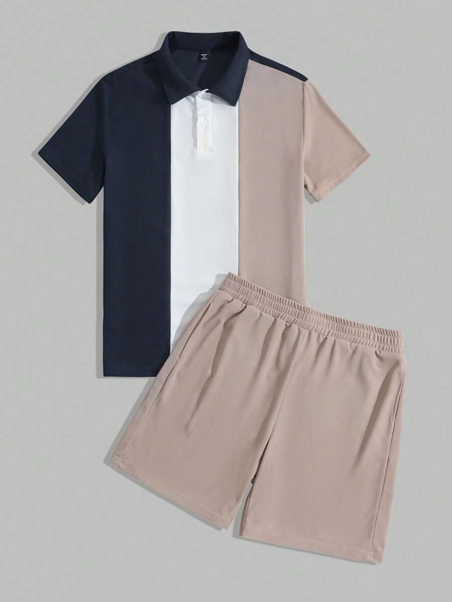 Manfinity RelaxMax Men's Summer Casual Colorblock Short Sleeve Polo Shirt And Shorts Set - Multicolor - View 1