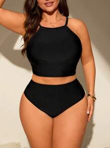 Swim Lushoire Plus Size Women's Solid Color 2 Pieces Elegant Casual Tankini Swimwear For Summer Beach Vacation - Black - View 4