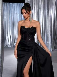 Glamrae Elegante y hermoso vestido de fiesta con encaje rojo con lentejuelas, sección de cintura retorcida, abertura sexy con cola de sirena con cinta, adecuado para citas, fiestas, ceremonias de graduación, ocasiones formales, cenas, bodas, Día de San Valentín - Negro - Ver 3