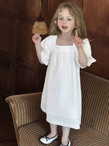 Hapijoa 年轻女孩纯色方领短袖休闲连衣裙家居服，女孩夏季服装 - 白色 - 查看 5