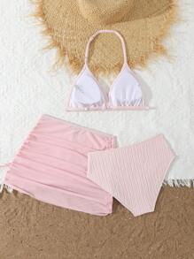 SHEIN 女童三件套比基尼套装：针织条纹，特殊面料泳衣，带裙子的泳衣上衣和下装，时尚休闲优雅风格，适合游泳、度假、夏季 - 粉色 - 查看 2