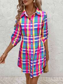 SHEIN Clasi Women's New Fashion Color Plaid Print Shirt Dress For Commute, Work, Street, Dating Outfit São João 2025 Dresses For Women Summer Dresses For Women Graduation Dress,Bohemian Clothes