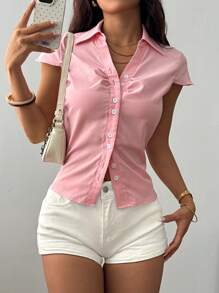 Flirla Áo sơ mi tay ngắn hở eo phía trước phong cách giản dị có mũ trùm đầu - Hồng - Xem 6