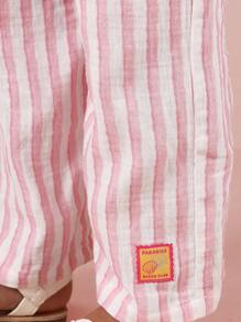 SUMWON 轻盈夏季亚麻质感阔腿裤沙滩度假休闲套穿长裤条纹宽松舒适裤