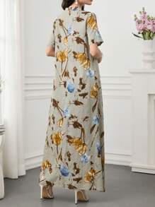 SHEIN Najma Floral Print Notched Neck Elegant Short Sleeve Arabic Dress - Grey - View 4