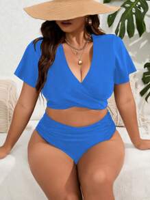 Swim Lushoire Plus Size Women 2pcs Solid Color Bikini Set, Camisole Style Swimwear For Casual & Vacation Beach Wear - Blue - View 3