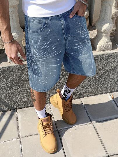 Street Life Men's Diamond Rhinestone Decor Baggy Wide Leg Relaxed Denim Shorts Jorts