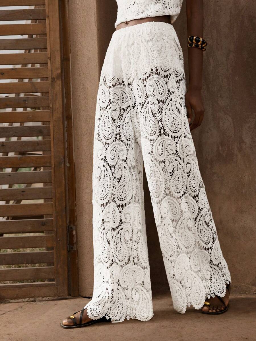 Maija 女式白色松紧腰佩斯利蕾丝优雅时尚性感半透明宽松沙滩度假裤，夏季 - 白色 - 查看 1