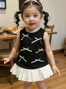 Baby Mädchen süßes, niedliches ärmelloses Oberteil mit Rundhalsausschnitt, Patchwork, plissiertem Saum, Schleifendekor, einfaches Urlaubskleid im Prinzessinnenstil, Sommer