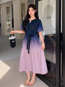 DAZY 女式仿珍珠装饰圆领渐变色蝴蝶结雪纺连衣裙，夏季休闲女装 - 藏蓝色 - 查看 7