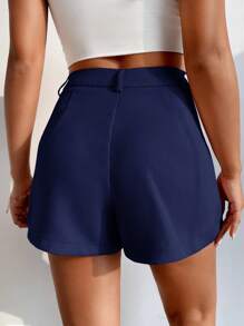 SHEIN PETITE 纯色斜口袋阔腿白色短裤 - 藏蓝色 - 查看 2