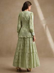 Anewsta 法式褶皱 V 领泡泡袖优雅修身连衣裙长款女装春季、节日、度假、休闲、优雅 - 綠色 - 查看 2