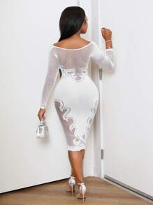 BamGleam Vestido largo de manga larga transparente, calado y sólido sexy para mujer - Blanco - Ver 2