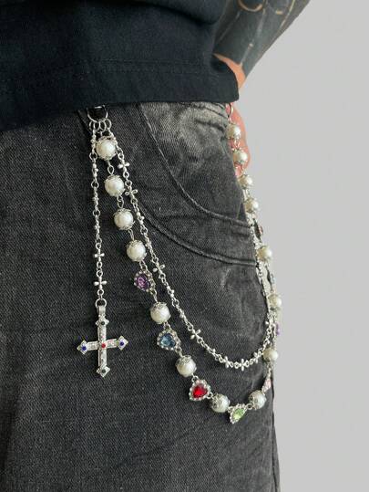 Fairycore 1pc Vintage Luxurious Simple Multi-Color Rhinestone Faux Pearl Belly Chain, Punk Hip Hop Cross Shaped Men's Body Chain, Pants Decoration